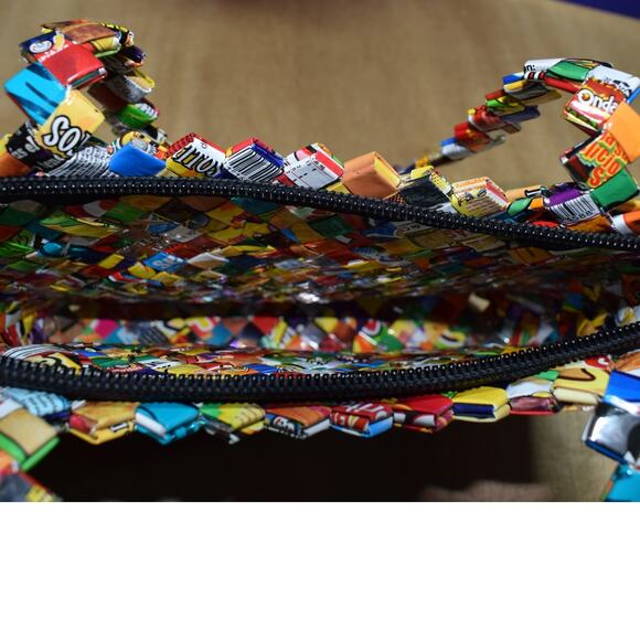 Handmade Upcycled Candy Wrapper Woven Handbag – Colorful Eco-Friendly Purse - Picture 3 of 3